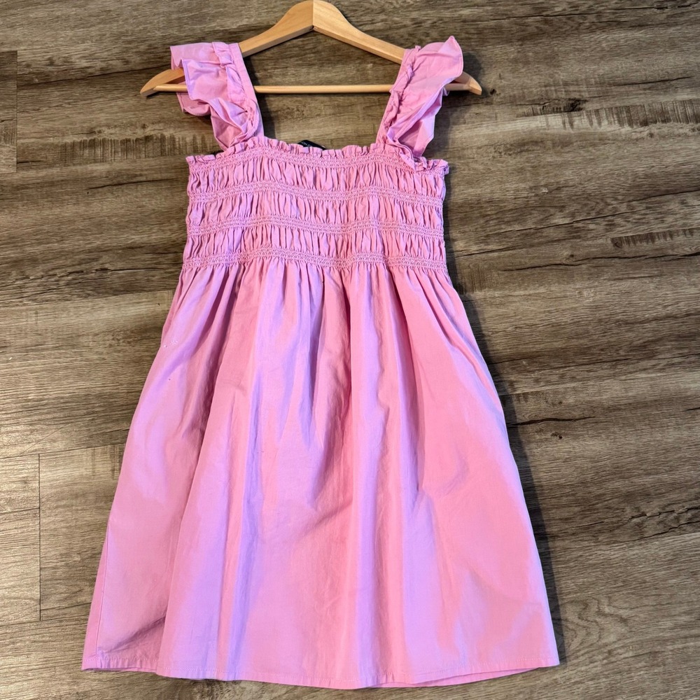French Connection Smocked Ruffle Mini Dress Size 0 Pink Organic Cotton Excellent